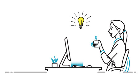 Businesswoman, female office worker, sitting at her workplace, happy and smiling, holding and drinking hot coffee, thinking and getting idea. Outline, thin line art, linear, hand drawn sketching style, simple design.のイラスト素材