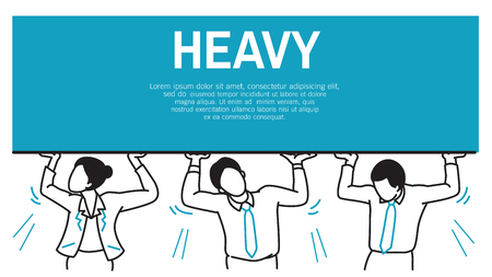 Carrying very heavy tasks or works on the shoudlders, business people, man and woman, try to carrying and push the heavy burden. Separated layer with blank copyspace for your text and design. Outline, thin line art, contour, linear, hand drawn sketch, dooのイラスト素材
