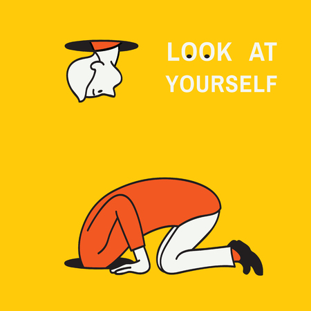 Abstract background vector illustration of man kneel down and looking at a hole to look after something but find himself to look at his own body, concept of look at yourself. Hand drawn sketching, linear, style.のイラスト素材