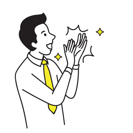 Vector illustration portrait character of businessman. Happy, smiling, clapping hand to celebrating or congratulation. Hand draw sketch design.のイラスト素材