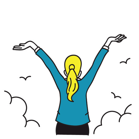 Happy businesswoman standing and stretching two hands towards sky. Business concept in freedom, happiness, peaceful. Hand drawn sketch design.のイラスト素材