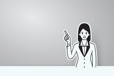 Vector illustration portrait of friendly businesswoman. Pointing finger up in blank space for your copy space, text. Outline, linear, sketch style with shadow.のイラスト素材