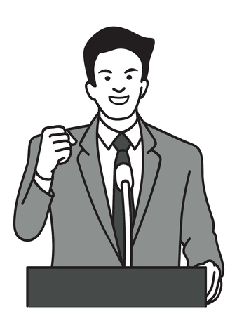 Vector illustration character of confident politician standing at podium. Speaking public, holding fist, with microphone. Hand draw sketch design, monotone.のイラスト素材