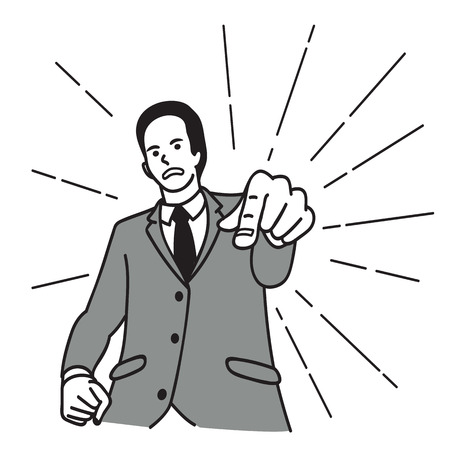 Vector illustration character portrait of aggressive politician. Showing finger gesturing downward in sign of unhappy, angry, frustrated, displeased. Hand draw sketch design, simple monotone style.のイラスト素材
