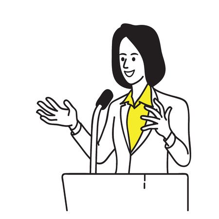 Vector illustration portrait character of female politician. Speaking at podium. Hand draw sketch design, simple style.のイラスト素材