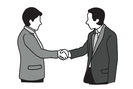 Two businessmen making handshake. Shaking hands, in concept of agreement, corporation, or partnership. Hand drawn sketch design.のイラスト素材