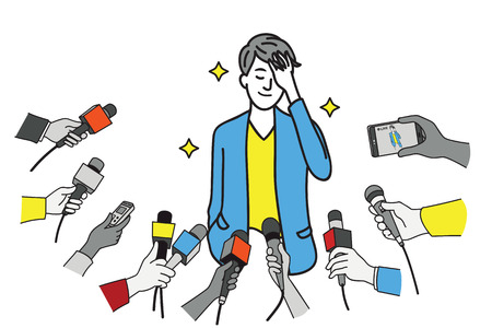 A pretty young celebrity wearing a suit, touching his hair and smiling while being interviewed by journalists. Line art hand-drawn sketch design.のイラスト素材