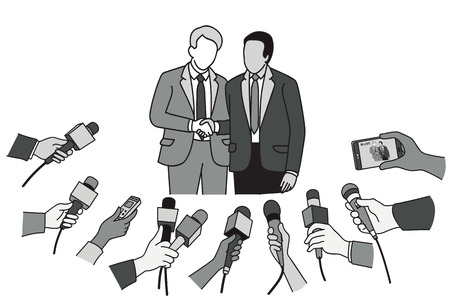 Two politicians shaking hands in front of reporters with various microphones for the interview.のイラスト素材