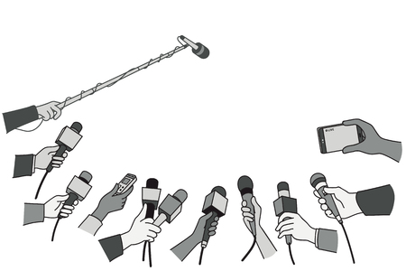 Various press reporter hands with microphones and recorder in a press interview.のイラスト素材