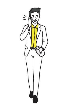 Vector illustration full length character of young businessman, in suit man, holding coffee cup, talking and chatting on smartphone, walking in break time.のイラスト素材