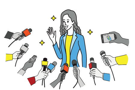 Pretty young celebrity in uniform of businesswoman, smiling and waving hand and get interviewed by journalist, news agent, press media, reporters. Outline, linear, thin line art design.のイラスト素材