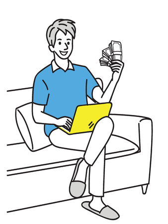 Young handsome man, sitting on sofa at home with computer laptop, holding pile of money banknotes in hand, in concept of working at home, freelancer. のイラスト素材