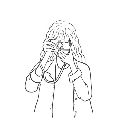Vector illustration of pretty girl holding vintage camera and looking through viewfinder to take photograph. Outline, linear, contour, hand drawn sketch design, simple style, black and white ink.のイラスト素材