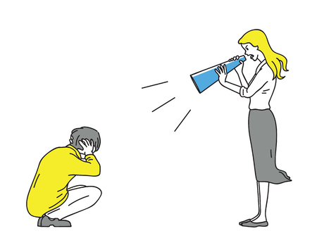Full length character of pretty woman holding megaphone and shouting at man who covering his ears. Outline, linear, thin line art, hand drawn sketch design, simple style.のイラスト素材