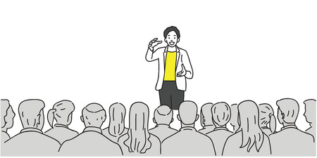 Creative man giving a talk on stage to audience in the conference hall. Outline, thin line art, linear, doodle, cartoon, hand drawn sketch design.のイラスト素材