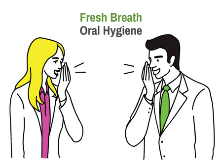 Vector illustration character portrait of businessman and businesswoman, happy with oral hygiene and fresh breath. Outline, thin line art, hand drawn sketch.のイラスト素材