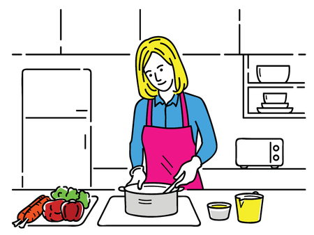 Vector illustration of young pretty woman, cooking alone in the kitchen in concept of dieting, healthy, housewife lifestyle, or prepare for food. Outline, linear, hand drawn sketch style.のイラスト素材