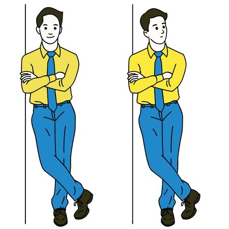 Vector illustration character of young businessman standing and lean against the wall, thinking somthing and smiling. Full length or body. Linear, thin line art, simple design.のイラスト素材
