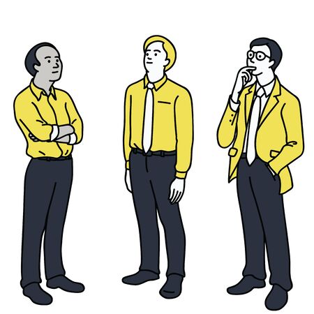businessman, various character, multi-ethnic, standing and looking up at blank space in concept of thinking. Vector illustration, line, linear, hand drawn sketch design, simple style.のイラスト素材