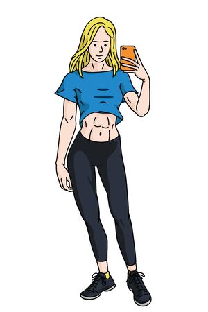 Fitness and muscular young woman, holding smartphone, taking selfie, healthy lifestyle concept. Vector illustration character, linear, thin line art style, hand drawn sketch.のイラスト素材