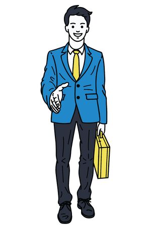Vector illustration full length character of young, handsome businessman, giving a handshake, and holding briefcase. Linear, thin line art, hand drawn sketch design.のイラスト素材