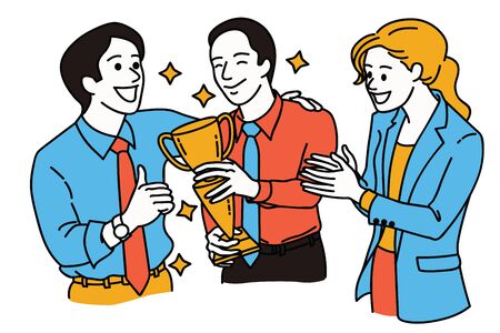 Businesspeople, friends and office colleague, give thumb up, applaud and congratulation to excellent employee who holding trophy and winning award. Line art, simple design.のイラスト素材