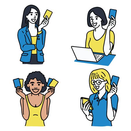 Set of various character portrait of multi-ethnic women, holding credit card in hand with smiling, happy expression. Linear, thin line art, hand drawn sketch, simple design.のイラスト素材