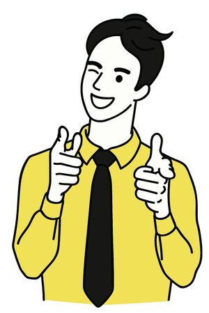 Young happy businessman, smiling and laughing, eye winking and two hands pointing at you. Linear, thin line art, hand drawn sketch design, simple style.のイラスト素材