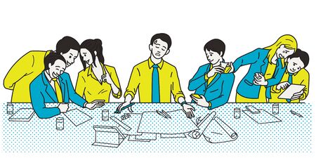 Businessman try to make failure presentation in meeting room with no one pay attention, or gain inattentive, ignorance, or neglect. Line, linear, hand drawn sketch design, simple style.のイラスト素材