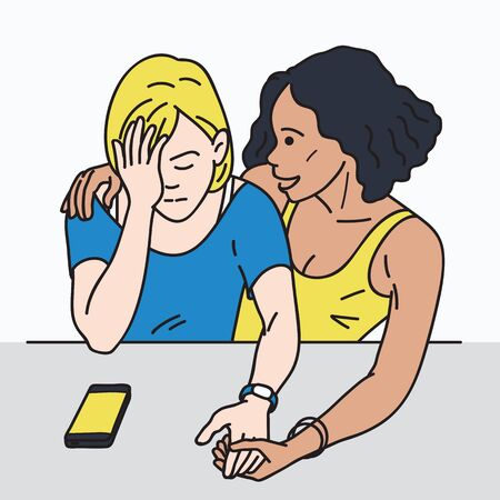 Young african ethnic woman try to comforting her girlfriend who sad and crying. Outline, thin line art, linear, hand drawn sketch design, simple style.のイラスト素材