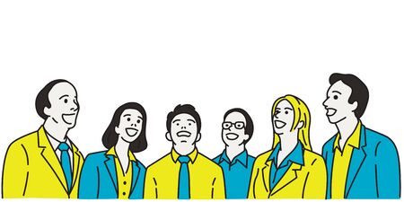 Vector illustration character of businesspeople, man and woman, looking up with surprised expression. Linear, thin line art, hand drawn sketch design, simple style.のイラスト素材