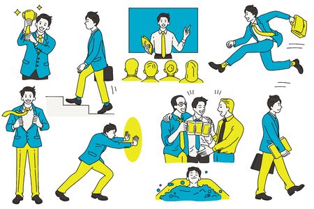 Vector illustration character design of businessman, various actions and activities, at workplace and office, business concept. Outline, linear, thin line art, hand draw sketch, simple style.のイラスト素材