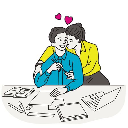 Businesswoman kissing young man with love affair at workplace. Outline, linear, thin line art, hand drawn sketch design, simple style.のイラスト素材