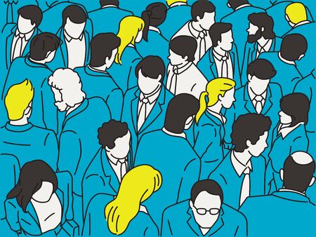 Vector illustration character of crowd businesspeople walking, from bird's eye view or aerial view.  Outline, thin line art, hand drawn sketch design, simple style.のイラスト素材