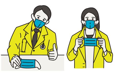 Vector illustration character portrait of male and female doctor, holding and presenting surgical mask in wearing mask campaign against dust or outbreak virus. Outline, linear, line style.のイラスト素材