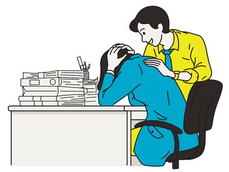 Businessman, office worker, patting his colleague at the back to comforting, relationship in office concept. Hand drawn sketch, linear, thin line art, simple vector illustration style.のイラスト素材