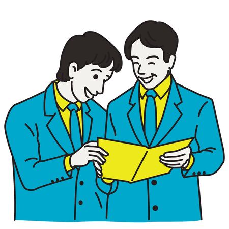 Vector illustration character of businessman, holding a file, talking, sharing, discussing, with surprised expression. Outline, linear, thin line art, hand drawn sketch design, simple style.のイラスト素材