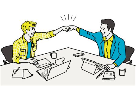 Two businessmen make a fist bump at working table, in concept of celebrating, winning, or excited. Outline, linear, thin line art, hand drawn sketch design, simple style.のイラスト素材