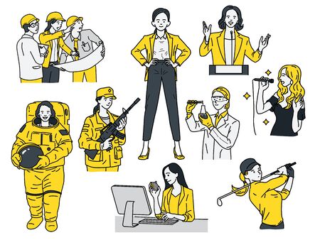 Smart and powerful women concept, various multi-ethnic characters of woman in many job and occupations, businesswoman, engineer, astronaut,  scienctist, golfer, singer, politician, soldier. Linear, thin line art design.のイラスト素材