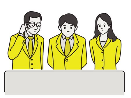 Office workers or businesspeople, standing before large screen or monitor, looking and thinking of something, considering, analyzing. Outline, linear, thin line art.のイラスト素材