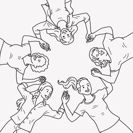 Black and white line art of various women holding hands, lying on ground, in circle expressing happy and excitement. Concept in 8 March International women's day. Linear, thin line art.のイラスト素材