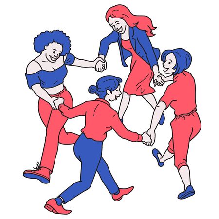 Group of women holding hand, joining together dance in circle, in concept of International Women's day, 8 March. Outline, line, linear, flat design, simple style.のイラスト素材