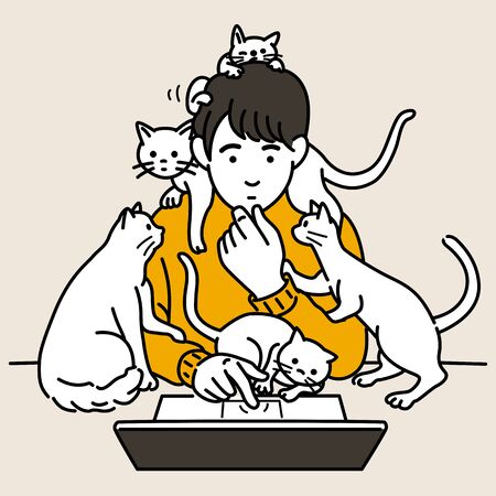 Man working on laptop at home while many cat and kitten playing around him. Stay home and working concept. Outline, linear, thin line art, hand drawn sketch, simple style.のイラスト素材