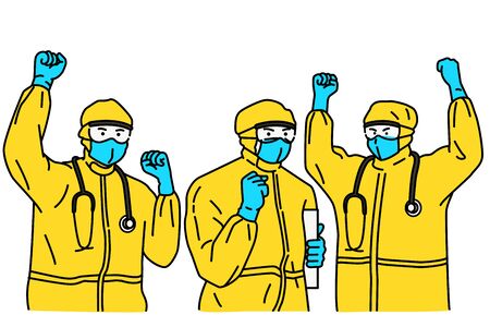 Doctors, wearing hazmat suit or protection suit,  raising fists in the air in concept of fighting against Coronavirus or Covid-19.  Outline, linear, thin line art, hand drawn sketch design, simple style.のイラスト素材