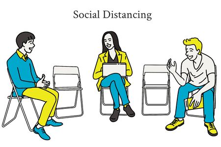 Vector illustration of young people sitting on folding chairs, keep long distance in cuation of Coronavirus of Covid-19 infection. Social distancing concept. Outline, thin line art, hand drawn sketch design.のイラスト素材