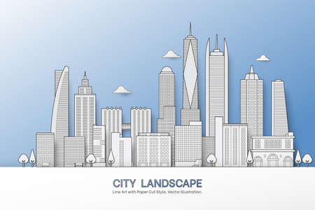 City buildings in landscape vector illustration, thin line art, paper cut with shadow style. High construction, urban architecture, industrail, cityscape.のイラスト素材