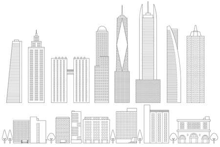 Thin line art vector illustration set of buildings, architecture, city with skycrapers. Hand drawn sketch, linear, hand drawn sketch.のイラスト素材