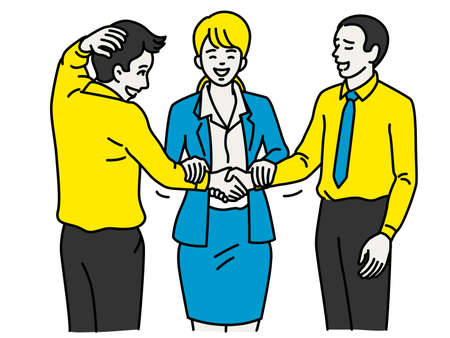 Businesswoman standing in a middle and mend their work relationship and tension between two colleagues who has problem in team. Business concept in reconcilation. Outline, linear, thin line art, simple design.のイラスト素材
