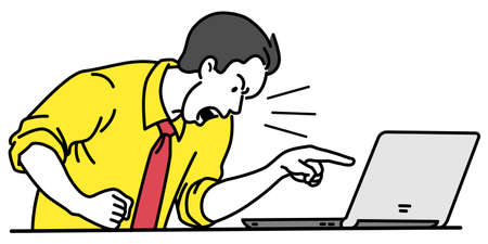 Businessman frustrated and angry, holding fist, pointing at laptop screen, with yelling and shouting. Business concept in trouble with online network. Vector character, outline, linear, thin line art, hand drawn sketch.のイラスト素材