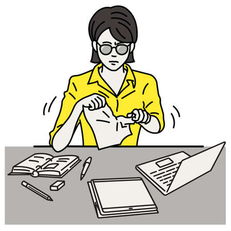 Stressed and depressed businesswoman sitting at workplace, tearing document paper apart. Vector illustration character, outline, linear, thin line art, hand drawn sketch, simple design.のイラスト素材